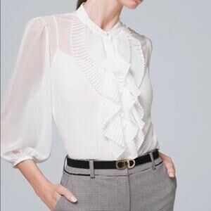 WHBM White House Black Market White Sheer Pleated Ruffled Collar Pearl